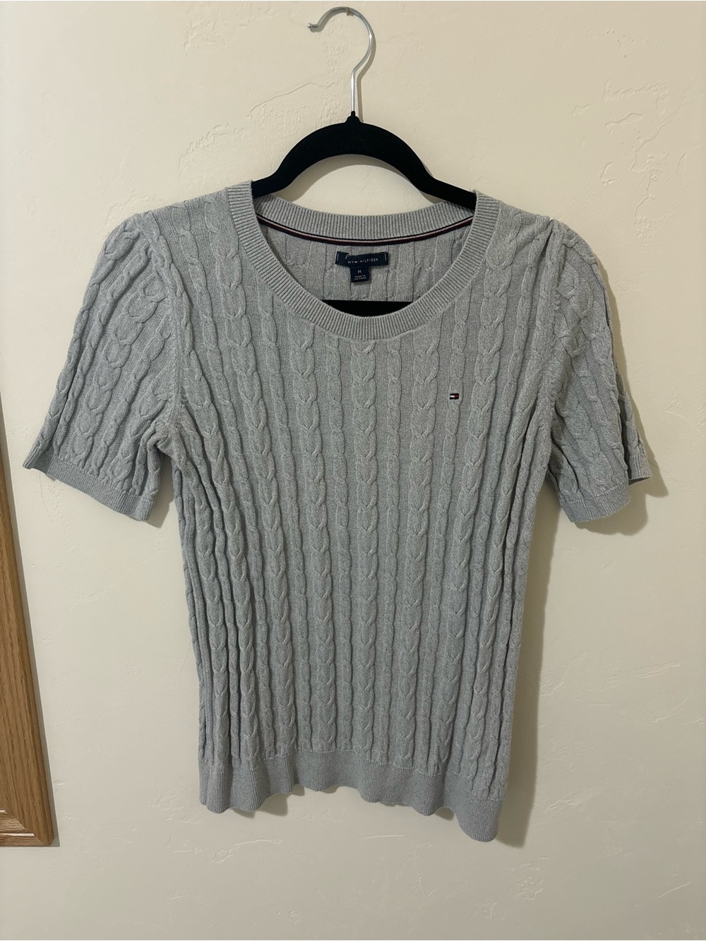 Tommy Hilfiger Light Gray Cable-Knit Short Sleeve Crew Sweater